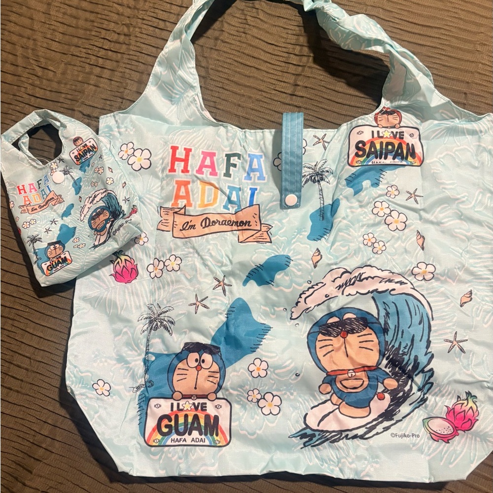 Doraemon Hafa Adai Reusable Tote Bag w. Mini Pouch - Guam/Saipan
